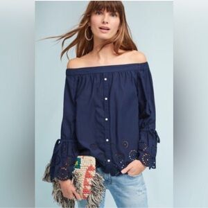 ANTHROPOLOGIE Isabella Sinclair Navy Off Shoulder Eyelet Bell Sleeves ROMANTIC
